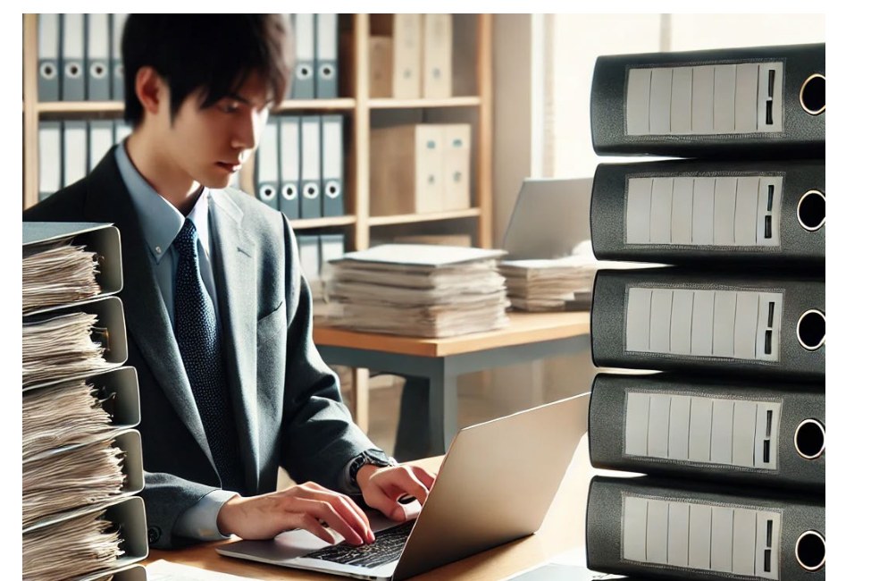 紙のファイルに囲まれてノートPCで作業する庁内業務のイメージ